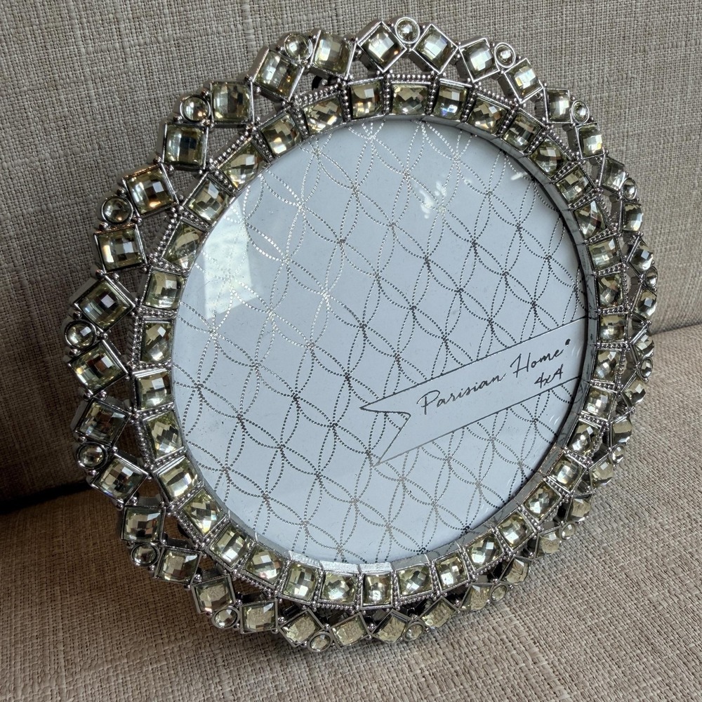 Parisian Home Silver Jeweled Round Metal Picture Photo Frame 4x4 Tabletop Decor